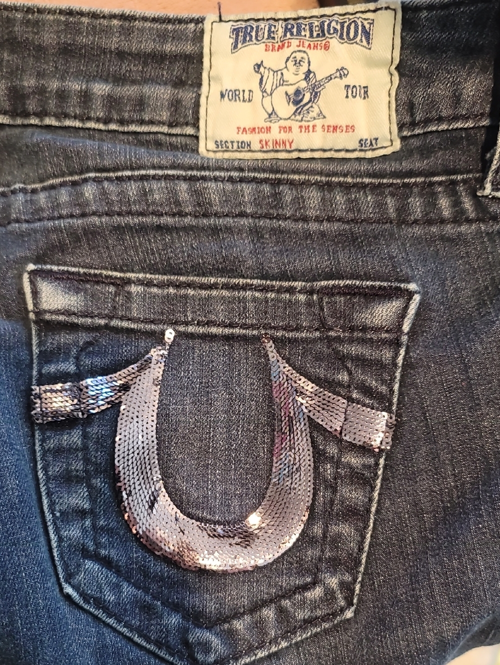Vintage Y2K TRUE RELIGION Metal Sequin Flat Pocket Low Rise Skinny Jean Size 28